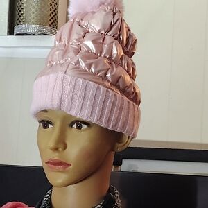 Pink Puffer Beanie with Pom Pom